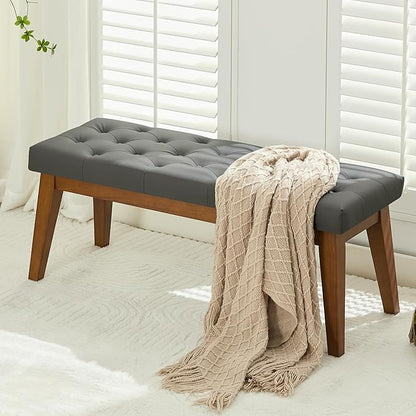 43.5'' Faux Leather Bedroom Bench, Upholstered End of Bed Bench with Tufted Button, Padded Vintage Dining Bench, Entryway Bench with Solid Wood Legs, Kitchen, Living Room, Hallway, Dark Grey Tufted