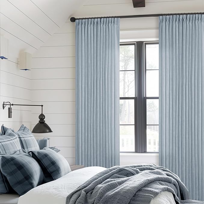 Blue Grey 90 Inch Linen Curtains Pinch Pleated for Living Room Bedroom Dining Boho Coastal Light Filtering Pinch Pleat Drapes Hooks Rings Back Tab Semi Sheer Dusty Blue Window Curtains 2 Panels