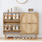 Shoe Storage Cabinet for Entryway, Narrow Shoe Organizer Cabinet, 4 Flip-Down Drawers, Round Fluted Panel, Hidden Wood Slim Shoe Rack for Foyer, Hallway (Natural)