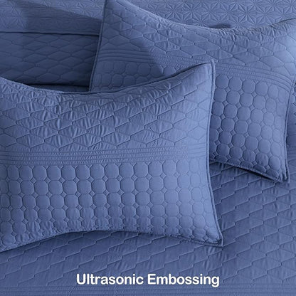 HORIMOTE HOME Denim Blue Queen Size Quilt Set - Soft Microfiber Bedspread with 2 Shams, Lightweight & All-Season Geometric Coverlet for Cozy Bedding