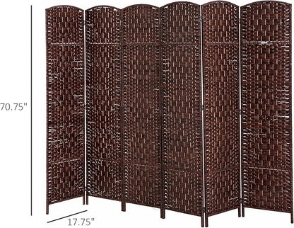 HOMCOM Room Divider, 6 Panel Folding Privacy Screen, 6FT Tall Portable Wicker Weave Partition Wall Divider for Bedroom, Home Office, Brown
