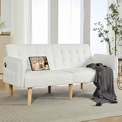 TYBOATLE Modern White Faux Leather Upholstered Convertible USB Folding Futon Sofa Bed, 65" Couch, Love Seats Furniture for Small Space Configuration, Apartment, Dorm, Living Room, Office