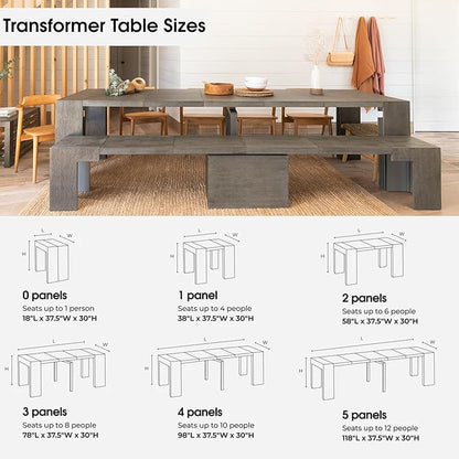 Transformer Table - Solid Wood Extendable Dining Table, Seats 2-12, Extendable Dining Room Table, Space-Saving Furniture, Expandable Dining Furniture (Dark Grey, Table + Coffee Table)