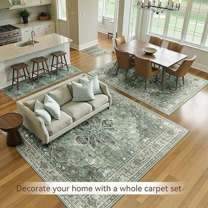 Area Rugs 7'x9' Washable Non-Slip, Floral Vintage Distress Print Pattern Medallion Carpet for Living Room Bedroom Dining Room, Dark Green Gray