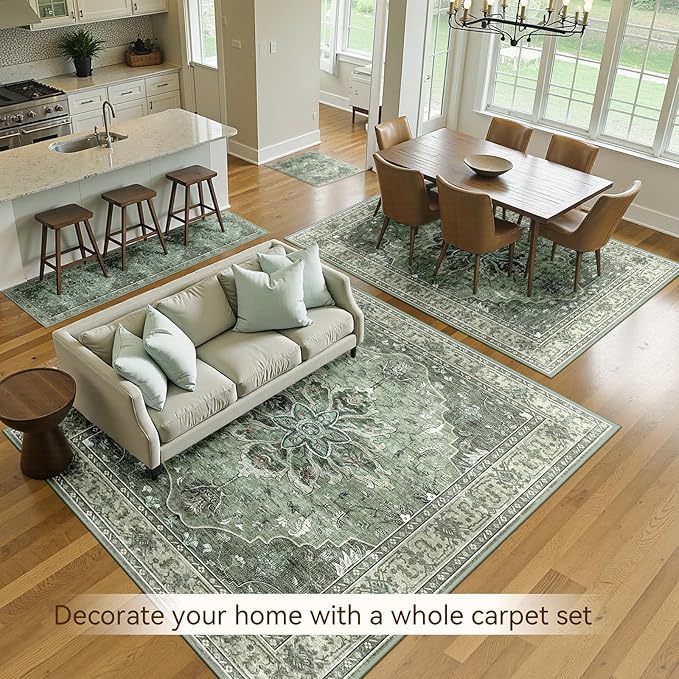Area Rugs 5'x7' Washable Non-Slip, Floral Vintage Distress Print Pattern Medallion Carpet for Living Room Bedroom Dining Room, Dark Green Gray
