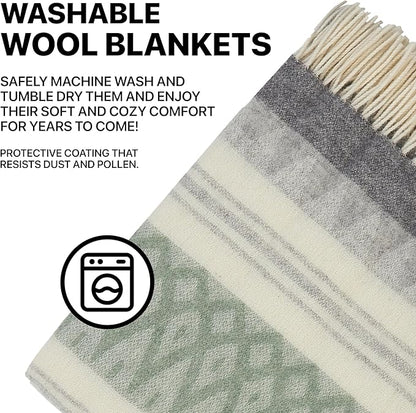 | Wool Blanket/Throw | 100% New Zealand Wool | Perfect for Home and Outdoors | Virgin Wool Throw with Fringes 75"x87" (190 x 220 cm)