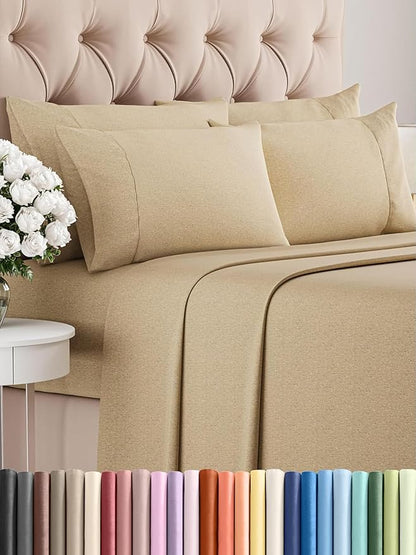Full 6 Piece Sheet Set - Cooling, Comfy & Breathable - Hotel Luxury Bedding, Includes Fitted Sheet for Women, Men, Kids & Teens - 1 Flat, 1 Fitted Sheet, 4 Pillowcases w/Deep Pockets - Heathered Tan