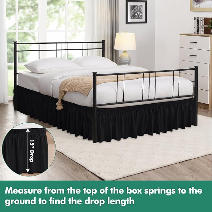 Biscaynebay Wrap Around Bed Skirts with Split Corners for Twin/Twin XL Beds 15" Drop, Black Adjustable Elastic Dust Ruffles Easy Fit Wrinkle Resistant Silky Luxurious Fabric Machine Washable