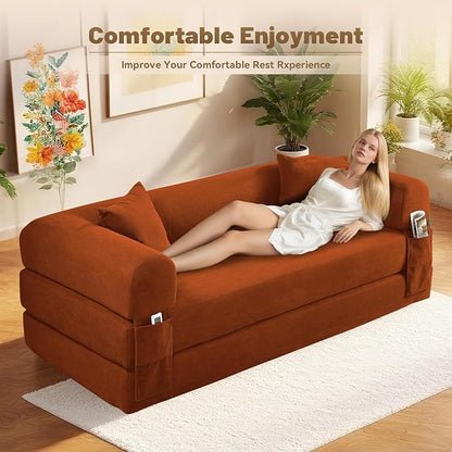 Convertible Sleeper Sofa Bed,80" Futon Sofa Bed Queen with Storage,Corduroy Pull Out Couch with Bed,Boneless Couches for Living Room,Compressed Couch in a Box,Orange