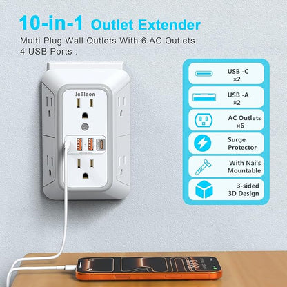 JcBlaon Multi Plug Outlet Surge Protector, Wall Charger with 6 Outlet Splitter with 4 USB Ports(PD 20W), 3-Sided 1050J Surge Protector Power Strip for Home Office Dorm Room Essentials