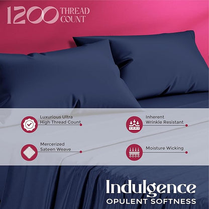 Mayfair Linen 100% Egyptian Cotton Queen Sheet Set - Luxury 1200 High Thread Count Egyptian Cotton Sheets Queen Size (4 PC, Navy Blue), Silky Soft, Cooling, 17" Deep Pocket Sateen Weave Hotel Bedding