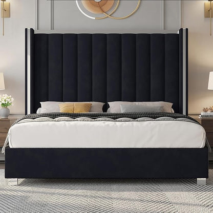 Jocisland King Size Bed Frame with 58" Tall Headboard, Velvet Upholstered Platform Bed with Channel Tufted Wingback Headboard and Plating Trim, No Box Spring Needed, Black