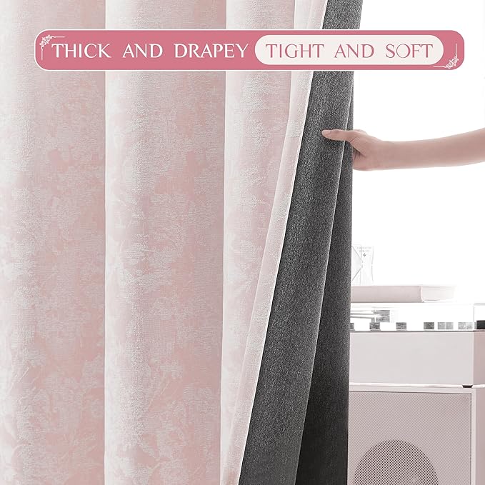 Beauoop Pink Floral Jacquard Blackout Curtains 72 Inches Long 2 Panels for Girls Bedroom Living Room Chenille Flower Room Darkening Thermal Insulated Soundproof Rod Pocket Back Tab Window Drapes 52x72