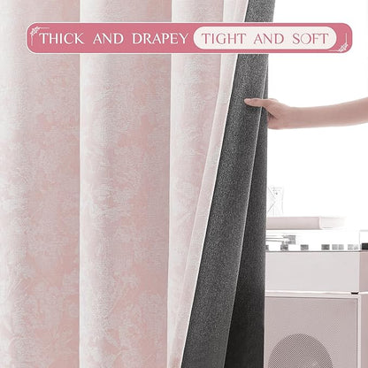 Beauoop Pink Floral Jacquard Blackout Curtains 90 Inches Long 2 Panels for Girls Bedroom Living Room Chenille Flower Room Darkening Thermal Insulated Soundproof Rod Pocket Back Tab Window Drapes 52x90