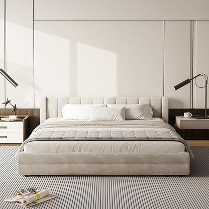 DEINPPA King Size Bed Frame with 4 Storage Drawers and Cloud Soft Headboard, Chenille Upholstered Grounded Wood Base Bed Frame, No Box Spring Needed-Beige