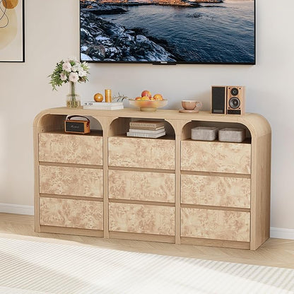 9 Drawer Dresser for Bedroom, Modern Chest of Drawers with Open Shelf, Burl Wood Long Storage Dressers for Closet, Living Room, Hallway (Natural)