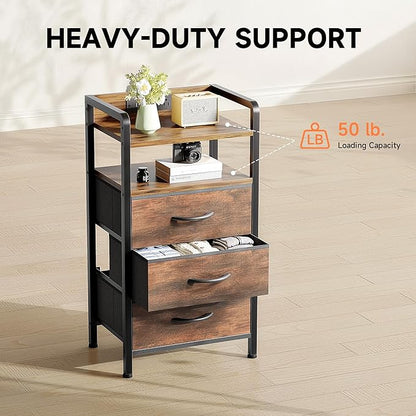 Night Stand Bedside Table Bedroom - Nightstand with Charging Station & LED Light Strip, Bed Side End Table with Storage Shelf & 3 Fabric Drawers, U-S-B Ports & AC Outlets, Rustic Brown