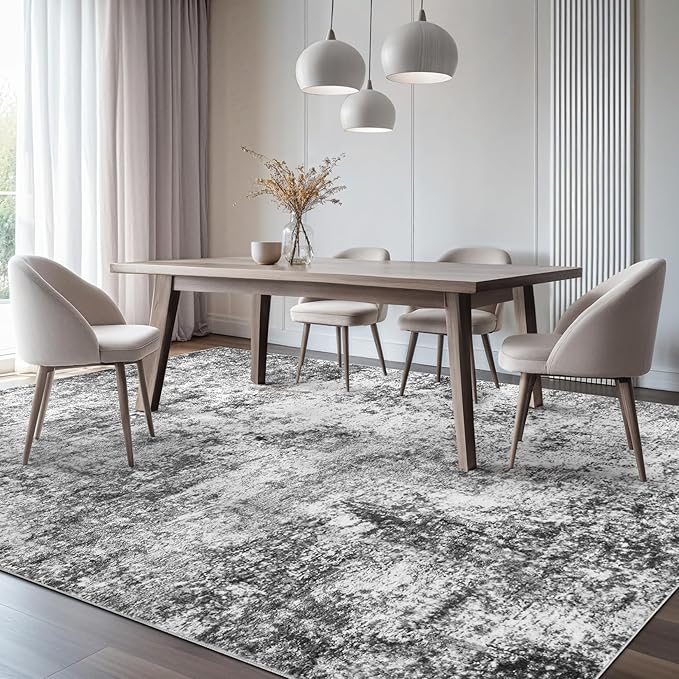 Area Rug Living Room Rugs - 10x14 Abstract Large Soft Indoor Washable Rug Neutral Modern Low Pile Carpet for Bedroom Dining Room Farmhouse Home Office - Grey