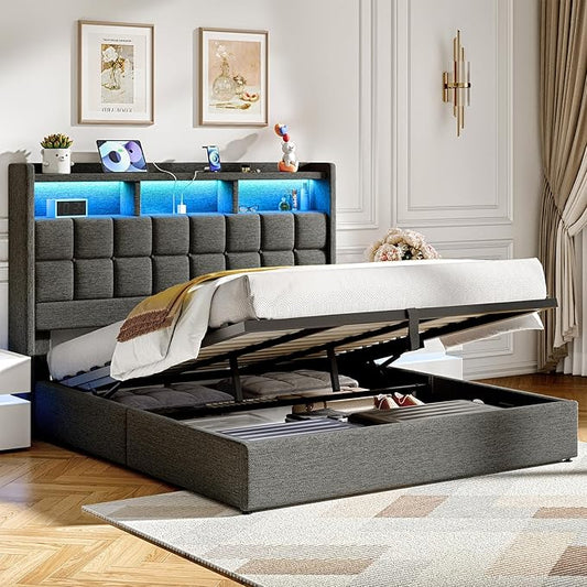 Lift Up King Size Bed Frame with Storage, Upholstered King Bed Frame with Charging Station and LED Lights Headboard, No Box Spring Needed, Easy Assembly - Dark Grey