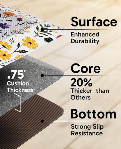 Ophanie Kitchen Mats for Floor, 3/4 inch Thick, 17x28 Anti Fatigue Cushioned Mat, Kitchen Rugs, Waterproof, Comfort Ergonomic Standing Mat for Office, Home, Sink, White Flower Non-Slip Ridged Bottom