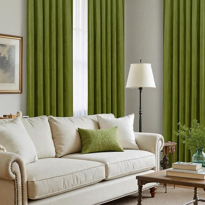 LAMIT Velvet Curtains for Living Room 96 Inch, Vintage Blackout Thermal Insulated Panels Super Soft Back Tab and Rod Pocket Room Darkening Window Drapes for Bedroom, 2 Panels, Moss Green 52 x 96 Inch