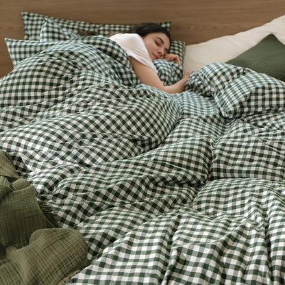 MooMee Gingham Duvet Cover Set 100% Washed Cotton Linen Like Textured Breathable Durable Soft Comfy Modern Checkered Design (Forest Green Gingham, Palatial King/Oversized King 120"x98")