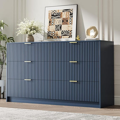6 Drawer Dresser for Bedroom, 55" Wide Modern Chest of Drawers with Gold Metal Handles, Fluted Wood TV Stand for Living Room, Hallway(Navy Blue)