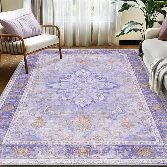 Area Rugs 5'x7' Washable Non-Slip, Floral Vintage Distress Print Pattern Medallion Carpet for Living Room Bedroom Dining Room, Light Purple Brown