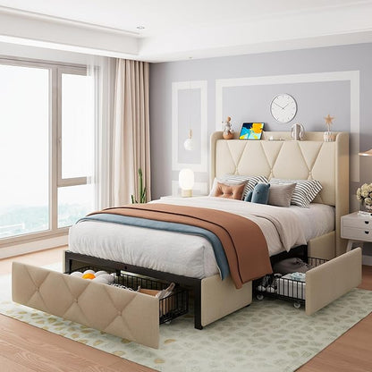 Feonase Twin Bed Frame with 3 Storage Drawers, Upholstered Platform Bed with Fast Charging Station, Wingback Storage Headboard, Wooden Slats Support, No Box Spring Needed, Easy-Assembly, Beige