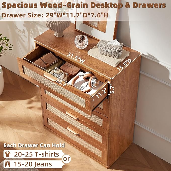 LEYAOYAO Rattan Dresser for Bedroom Set 2, 41" Tall Chest of Drawers, Modern 5 Drawers Boho Dressers with Storage, Light Oak Dresser Wooden Closet Organizer for Living Room, Hallway, Tea Brown