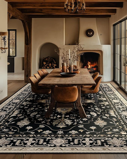 Area Rugs 10'x14' Washable Non-Slip, Floral Vintage Distress Print Pattern Medallion Carpet for Living Room Bedroom Dining Room, Black Brown Neutral Dark Tan
