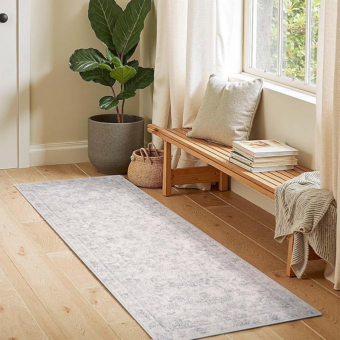 jinchan Runner Rug 2x5 Kitchen Rugs Hallway Runner - Machine Washable Vintage Floral Non-Slip, Low Pile Soft Ultra-Thin Distressed Carpet for Entryway Farmhouse Bedroom Laundry Room (2’x5’, Ivory)