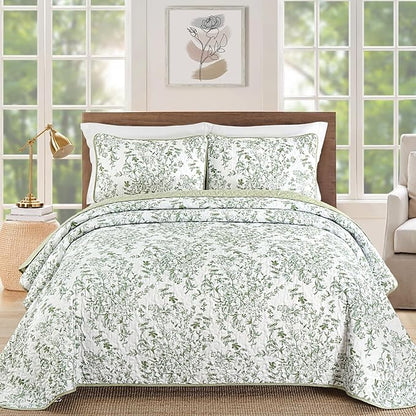 WONGS BEDDING Quilt Full Size, Sage Green Quilt Bedding Set with 2 Pillowcases, Botanical Quilt for Full Bed, Soft Microfiber Lightweight Coverlet Bedspread for All Season (78"×90", 3 Pieces)