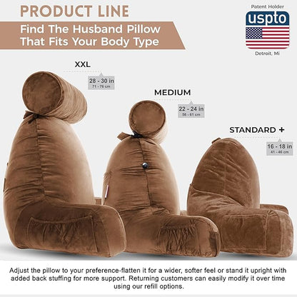 Husband Pillow XXL - Reading Pillow Bed Chair with Arms & Back Support - Chocolate - Back Pillow for Bed Sitting Up - BedRest Arm Pillow - Comfy Reading Pillow for Adults