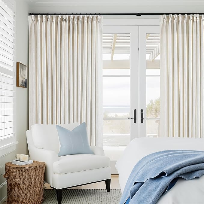 Extra Wide Pinch Pleat Curtains 96 Inches Long for Patio Sliding Glass Door Cream Linen 100 Inch Wide Curtain Memory Trained Pleated Drapes with Hooks Rings Semi Sheer 100x96 Curtain for Large Window