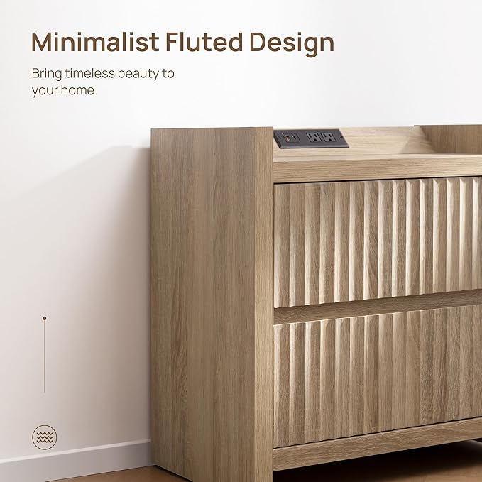 SICOTAS Night Stand Fluted Nightstands with Charging Station- Modern 2 Drawers Nightstand 25" Tall Bedside Table End Table, Large Night Stands for Bedroom, Living Room Sofa Side (Light Oak, 1 Piece)