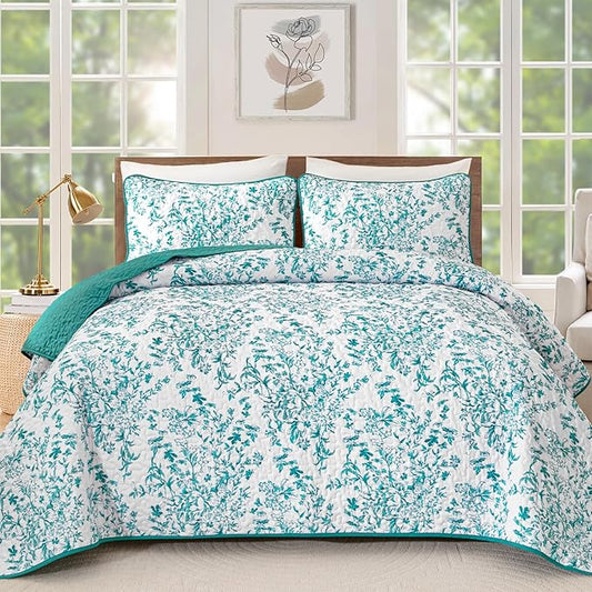 WONGS BEDDING Quilt King Size, Teal Quilt Bedding Set with 2 Pillowcases, Botanical Quilt for King Bed, Soft Microfiber Lightweight Coverlet Bedspread for All Season (110"×90", 3 Pieces)