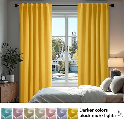 Deconovo Blackout Curtains for Bedroom Solid Room Darkening Rod Pocket and Back Tab Curtains 42Wx63L Inch Mellow Yellow 2 Panels