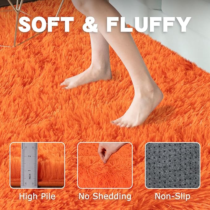 Round Orange Rug for Bedroom, 6 ft Circle Area Rugs for Living Room, Soft Fluffy Shag Carpet for Teen Girls Boys Nursery Room Dorm Home Decor Aesthetic
