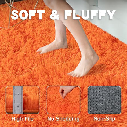 Round Orange Rug for Bedroom, 6 ft Circle Area Rugs for Living Room, Soft Fluffy Shag Carpet for Teen Girls Boys Nursery Room Dorm Home Decor Aesthetic