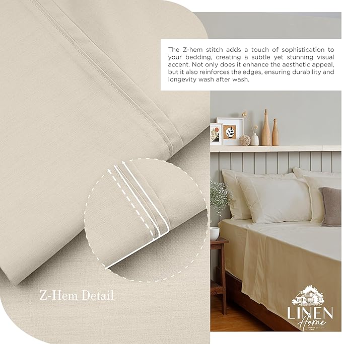 Linen Home 100% Cotton Percale Sheets King Size, Light Taupe, Deep Pocket, 4 Pieces Set - 1 Flat, 1 Deep Pocket Fitted Sheet and 2 Pillowcases, Crisp Cool and Strong Bed Linen