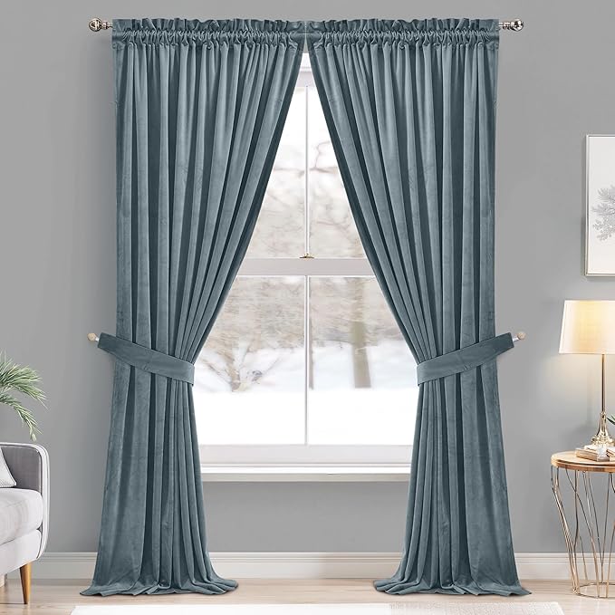 StangH 62 inches Wide Stone Blue Velvet Curtains for Sliding Door, Soft Room Darkening Privacy Protect Drapes for Window Door Covering/Living Room/Office Divider, W62 x L84, 2 Panels