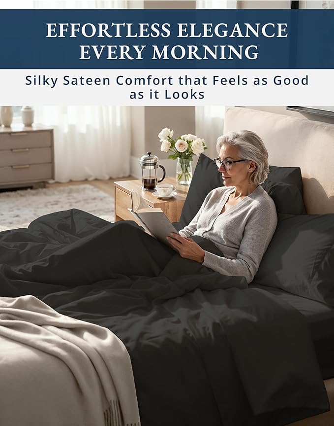 LANE LINEN 100% Egyptian Cotton Extra Long Twin Sheets - 1000 Thread Count, Long Staple Mercerized Cotton No Pill Fade Resistant Silky Sateen Weave for Soft & Comfy Good Night Sleep- Black