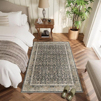Washable 2x3 Entryway Rug, Boho Non-Slip Door Mat Vintage Distress Small Rugs for Kitchen Nursery Office Bedroom, 0.3" Neutral Oriental Throw Carpet with Cushioning Pad, Sage Green/Blue/Multi