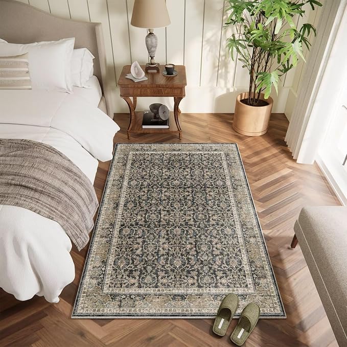 Washable 3x5 Entryway Rug, Boho Non-Slip Vintage Distress Small Rugs for Kitchen Nursery Office Bedroom, 0.3" Neutral Oriental Throw Thin Carpet with Cushioning Pad, Black/Brown/Blue/Multi