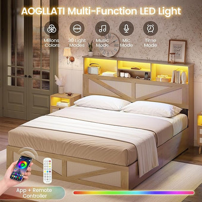 AOGLLATI Queen Bed Frame with 4 Storage Drawers and Natural Rattan 2-Tier Bookcase Hidden Headboard, Boho Led Bed Frame Queen Size with Charging Station, No Box Spring Needed, Wood