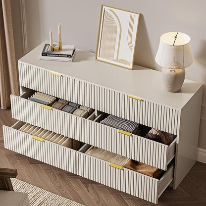 3-Piece Dresser Bedroom Set, 6 Drawer Dresser & 2 Drawer Nightstands with Gold Handles, Fluted Wood Chest of Drawers for Bedroom, Living Room, Entryway, Beige
