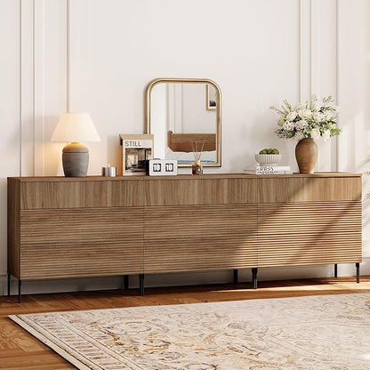 WAMPAT 94.5" W Fluted Dresser for Bedroom, Modern 9 Drawer Dresser TV Stand with Hidden Handles, Wooden Chest of Drawers Closet Clothes Storage Organizer for Bedroom, Living Room, Light Walnut