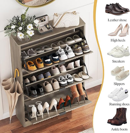 Shoe Cabinet Storage for Entryway with 3 Flip Drawers, Grey Fluted Shoe Cabinet with Adjustable Shelves, Wooden Hidden Shoe Rack Freestanding Narrow Slim Shoes Storage for Hallway, Entrance
