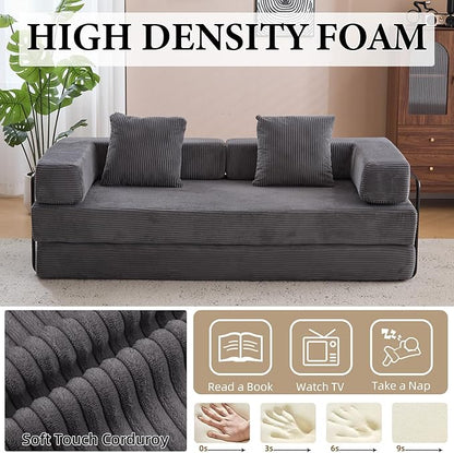 4-in-1 Convertible Folding Sleeper Sofa Bed, Fold Out Floor Sofa Couch with Fixed-Shape Frame, Cloud Corduroy Foldable Mattress Couch for Living Room Bedroom (77" Corduroy, Dark Grey)